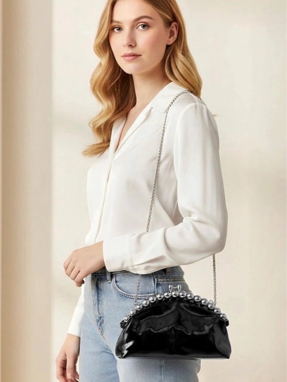 Metallic Beaded Frame Clutch Bag